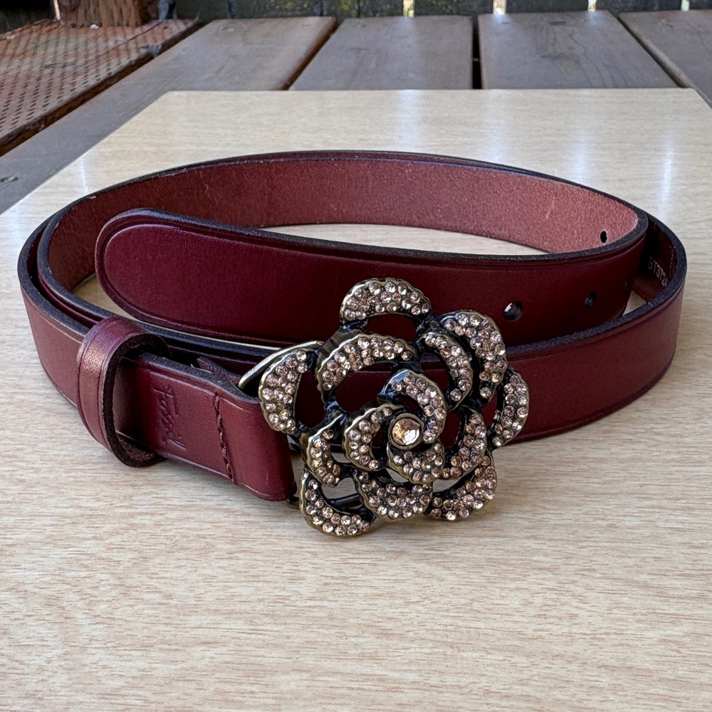 Fossil Brown Leather Belt With Rhinestone Embellished Flower Rose Buckle Sz L